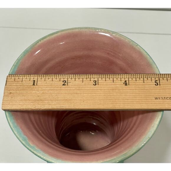 Pisgah Forest Pottery 1950's Trumpet 6.75" Tall Turquoise Gold Vase with Pink - Picture 11 of 14